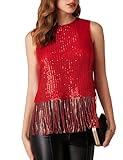 Women's Fringe Sequin Tops Sleeveless Crewneck Tassel Sparkly Tank Tops Crop Party Shirt Glitter Camisole Club Rose L