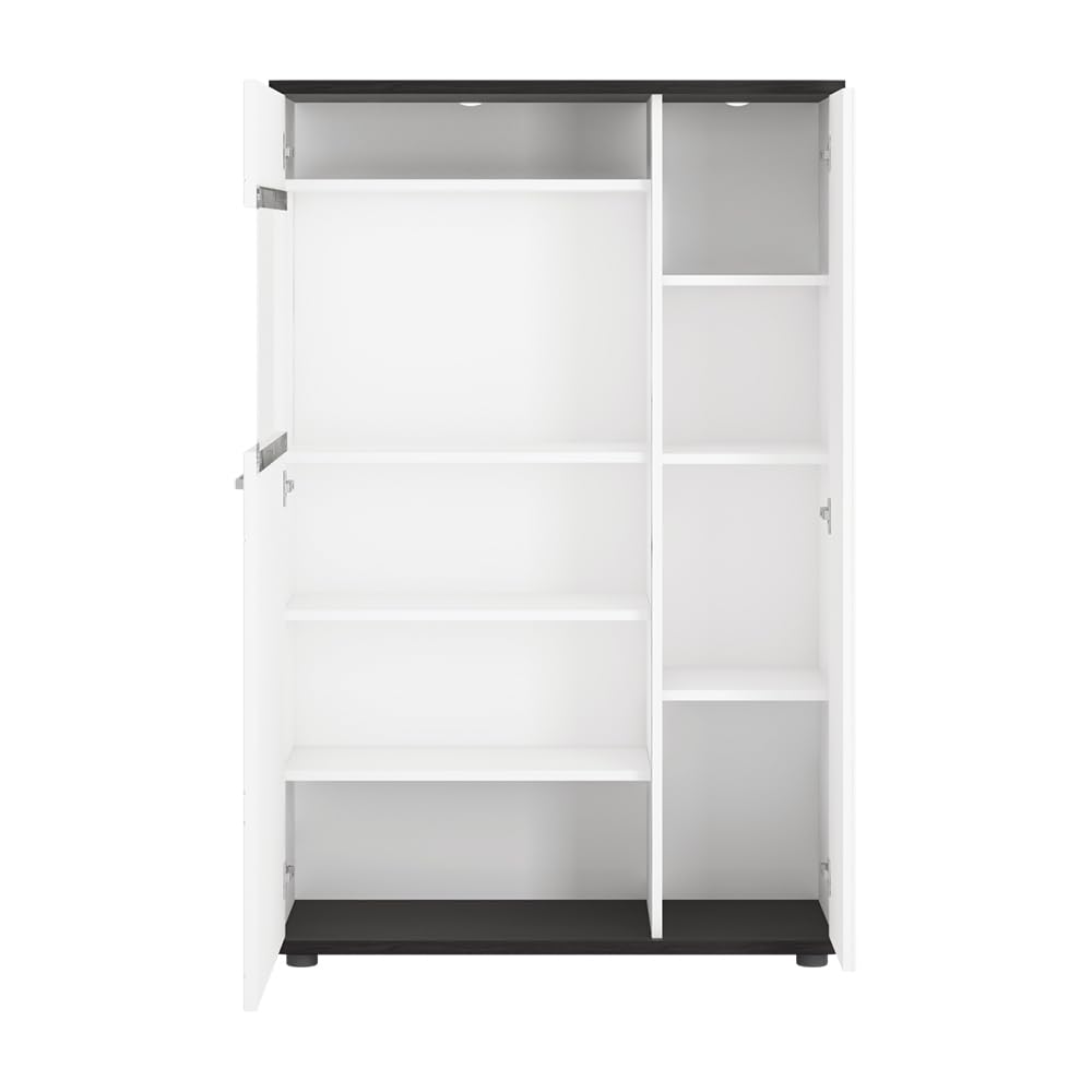 Lomadox Wohnwand Wohnmöbel Set weiß 5-teilig Modern, 1 Vitrine, 1 Wandboard, 1 Lowboard, 1 Highboard, 1 Couchtisch inkl. Beleuchtung