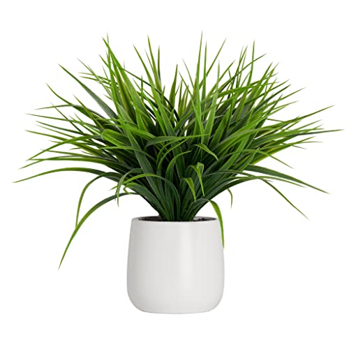 Torre & Tagus Fake Plant In Ceramic Pot, 11" Potted Artificial Plants For Home Decor Indoor Faux Green Grass Plant With Modern White Planter For Desk Shelf Office Room Decoration (Dark Green Grass) #TOP30