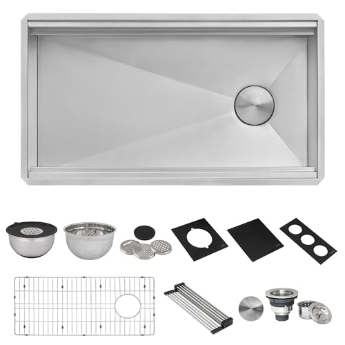 Image of Ruvati 33-inch Workstation Two-Tiered Ledge Undermount Kitchen Sinks 16 Gauge Stainless Steel with Black Composite Accessories - Deep Undermount Sink, Kitchen Sink, Stainless Steel Sinks - RVH8224