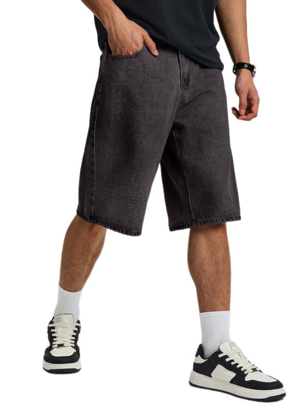 JMIERR Herren Jeans Shorts Schwarz Baggy Y2K Denim Kurze Jeanshose Loose Fit Jogginghose Männer Raw Jeanspants M