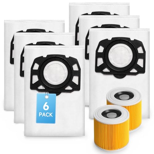 6 Bolsas para Aspiradora KFI 357 (2.863-314.0) + 2 Filtros de Repuesto HEPA KFI 3310 (6.414-552.0) Juego de Accesorios para Aspiradoras Kärcher WD2Plus WD3 KWD1 KWD2 KWD3 MV3 SE4001 SE4002