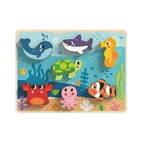 Tooky Toy Puzzle en Bois d'Animaux Marins avec Différentes Couches, Jouet Préscolaire Chunky 8 Pièces,Didactique