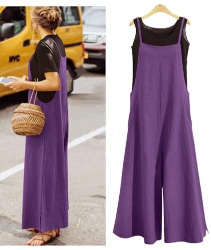 Image of YESNO Women Casual Loose Long Bib Pants Wide Leg Jumpsuits Baggy Cotton Rompers Overalls with Pockets PZZTYP2
