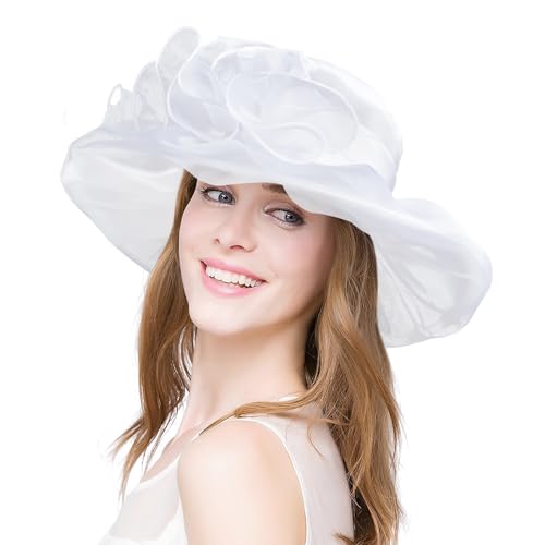 2025 Derby Hats for Women Girls Ladies, Organza Church Tea Party Wedding Fascinator Hat White UV Protection Sun Hat
