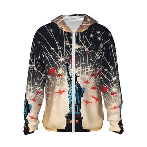 GFLFMXZW Women's Sun Protection Hoodie Jacket Sun Protection Clothing for Men Statue of Liberty and Fireworks Women Run Shirt Large Black
