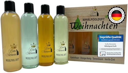 Weihnachts Whirlpool Duft Set 4er - Geschenkset für Sie & Ihn - Schaumfrei Badezusatz für Spa & Badewanne - Duftkonzentrat mit Ätherischen Ölen | Kaminfeuer Tannenbaum u.a. | Made in Germany