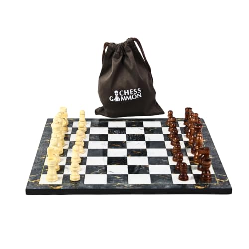 Jeu d'échecs en marbre gris 35 cm fait main pour salon élégant
