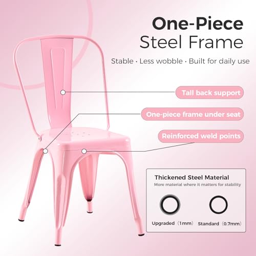 Image of Metal Dining Chairs with Backrest, Stackable, Pink, 4 Pack | Easy Assembly, Non-Slip Feet, 330 lb Capacity, Kitchen, Restaurant, Cafe, Pub, Covered Patio