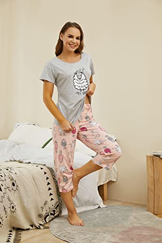PNAEONG Women Pajama Set Sleepwear Tops with Capri Pants Casual and Fun Prints Pajama Sets