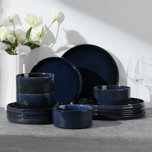 Image of E-far 12-Piece Plates and Bowls Sets, Stoneware Dinnerware Dishes Sets for 4, Kitchen Modern Dining Dishware, Chip & Scratch Resistant, Microwave & Dishwasher Safe, Midnight Blue