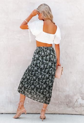 Image of HERBATOMIA Women's Floral Print Midi Skirt Casual High Elastic Waist Zipper Vintage Long Boho Skirts for Women