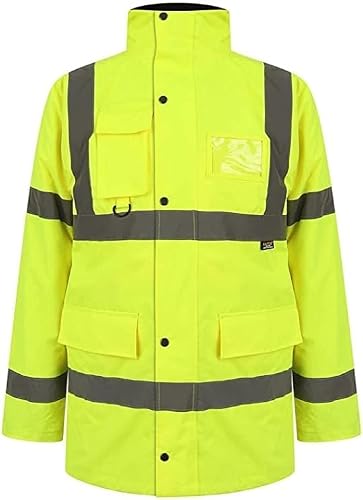 Image of NFK TEXTILE 100% Polyester Fleece Hi Vis Parka Coat High Visibility Coat Work Wear Safety Security Padded Waterproof Taped Work Wear Parka Jacket (XXL, Yellow)