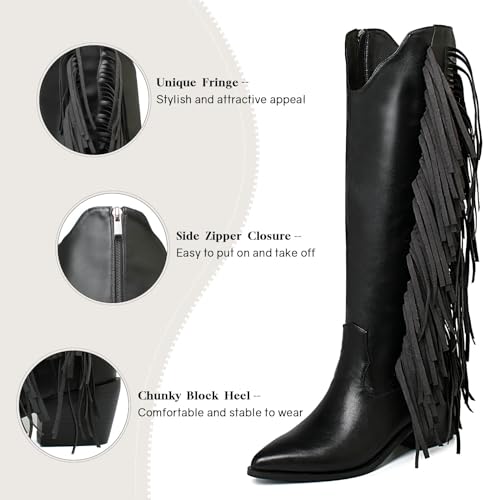 Image of KiutSymo Cowgirl Fringe Boots For Women White Tassels Cowboy Boots Knee High Pointed Toe Western Boots