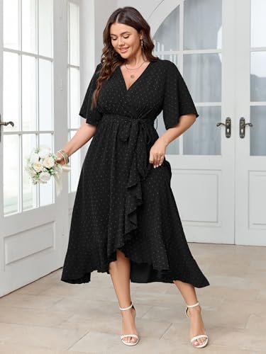 SCOMCHIC Women's Plus Size Summer Dresses Short Sleeve Wrap V Neck Swiss Dot Boho High Low Split Ruffle Maxi Dress4