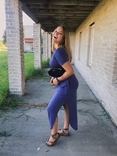 Image of GRECERELLE Women's Summer Maxi Dress Casual Loose V Neck Short Sleeve Side Split Long Dresses with Functional Pockets