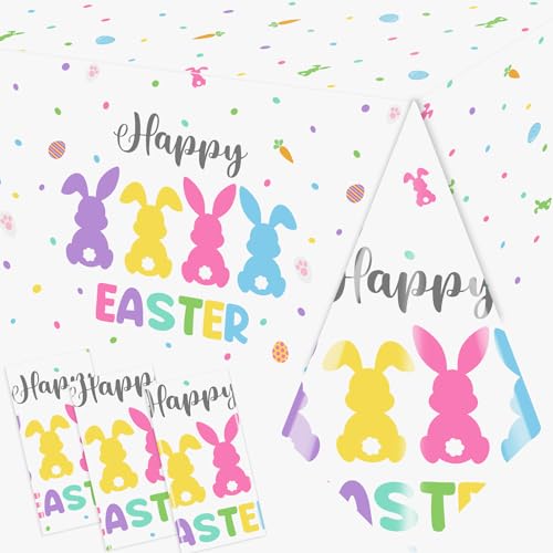 Image of CMUSKO Happy Easter Tablecloth Decoration, 3pc Colorful Bunny Tablecloth Rectangle Eggs Table Cover for Spring Holiday Decorations Supplies
