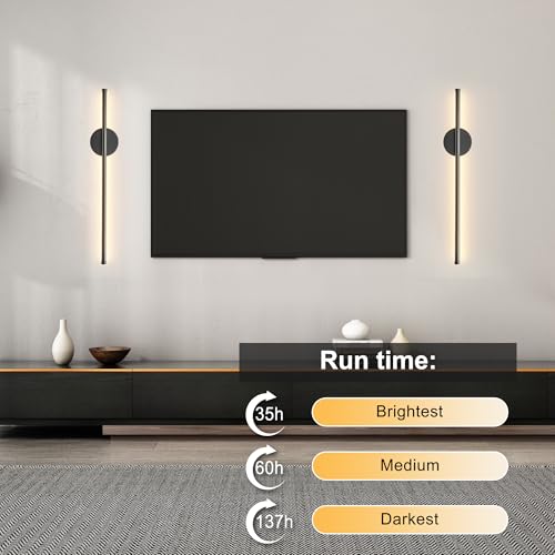 Image of Battery Operated Modern Wall Sconces Set of Two,Rechargeable Wireless Wall Lights with Remote Control,Dimmable,3CCT,Timer,360Rotation,Cordless Lighting for Bedroom,Living Room,Hallway,Black,23.6 Inch
