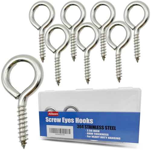 8 PCS M6 304 Stainless Steel Screw Eyes Hooks, 2.56 Inches Eyes Screw Hooks, Indoor &amp; Outdoor Uses, 200 Lbs Capacity
