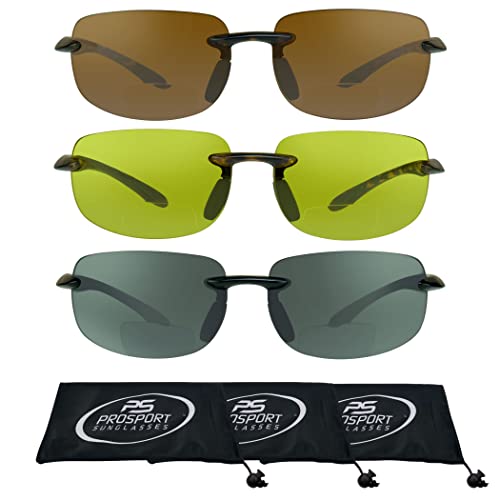 proSPORT BIFOCAL Reading Sunglasses +2.00 Grey with Black Frame, HD & Yellow Lens with Tortoise Frame