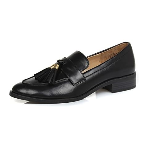 DUNION Women's Bertha Comfortable Tassel Slip Low Heels Almond Toe Casual Penny Loafers,Bertha Black,9.5 M US Cover