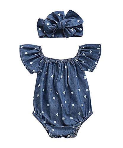 Image of Calsunbaby Infant Baby Girls One Piece Short Sleeve Ripped Demin Jeans Ruffle Romper Sunsuit Outfits Jumpsuit