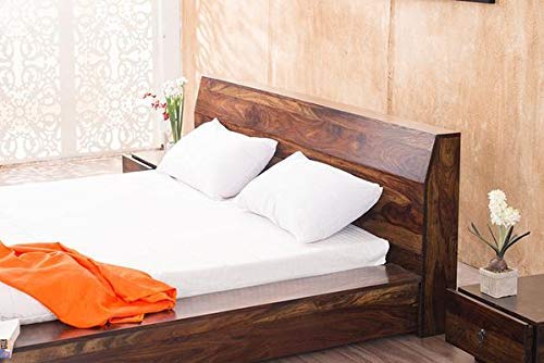 Image of Sheesham Solid Wood Voted Platform Queen Size Without Storage Wooden Bed for Beautiful Bedroom Room (Queen, Mahogany)