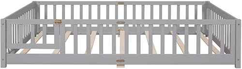 Miniatura 53 de Cama de suelo de tamaño matrimonial, marco de cama Montessori de madera maciza con barandillas en forma de valla y puerta pequeña y listones de