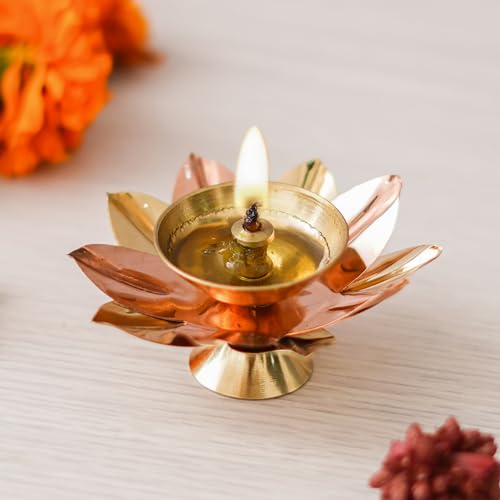 eCraftIndia Golden Lotus Flower Shape Decorative Brass Diya for D...