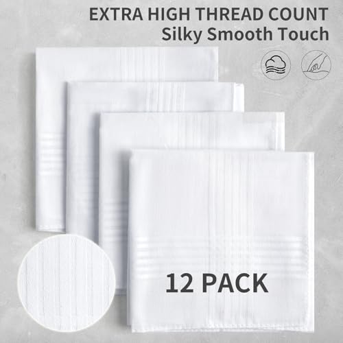 HHHAZ 12 Pack Bulk Handkerchiefs for men, 100% Soft Cotton 16x16 Inch mens handkerchiefs, White Classic Pocket Hankies - Thumbnail 2