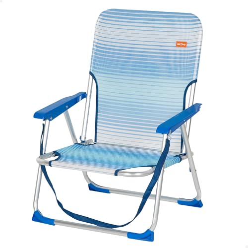 AKTIVE Silla playa plegable, Azul rayas, 45x40x70 cm, Incorpora topes antivuelco, Asa de hombro, Soporta 110 kg, Asiento bajo, Estructura aluminio, Tejido textileno, Reposabrazos plástico (62670)
