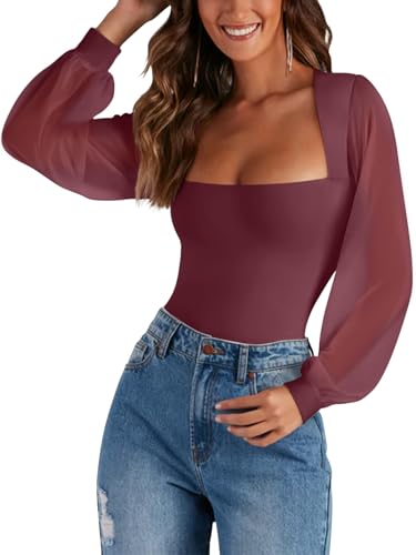 Image of PINKMSTYLE Women's Square Neck Double Lined Mesh Long Sleeve Bodysuits | Sheer Puff Sleeve Body Suit,Slim fit Trendy Going Out Tops,Concert Outfit