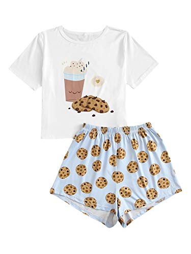 SheIn Women's 2 Pieces Cartoon Printed Tee Top and Shorts Sleepwear Pajama Set