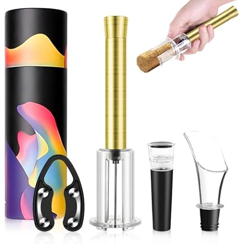 Air Pressure Pump Bottle Opener with Vacuum Stopper,Foil Cutter,Aerator Pourer,Efficient Corkscrew Bottle Opener,Perfect Wine Gift. (Gold) Cover