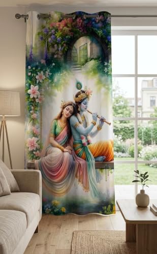 Image of Digital Printed Curtain with Pink Rose and Butterfly Design, 7 Feet, Grommet Top, White (1, Krishna Bansuri, 7 Feet)