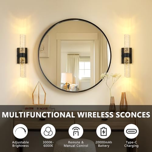 Image of Battery Operated Wall Sconces Set of 2, 20000mAh Rechargeable Wall Light | Remote Control 3000K-6000K Dimmable LED Wireless Sconces,Black,15.6 Inch