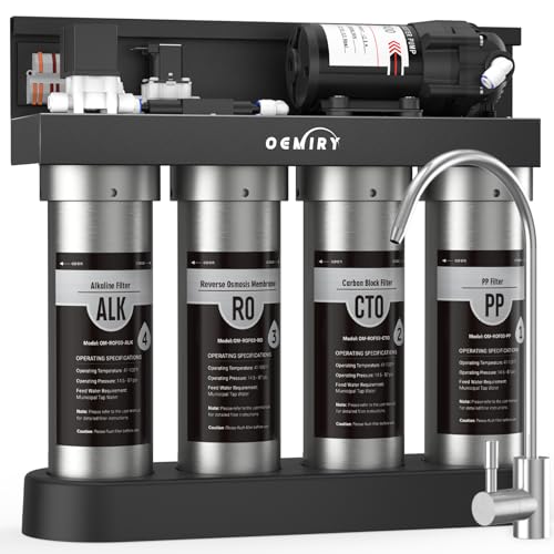 OEMIRY Alkaline UV Reverse Osmosis System Stainless Steel 500 GPD Tankless RO Water Filter 8 Stage Remineralization Under Sink Water Filtration with Faucet 2:1 Pure to Drain