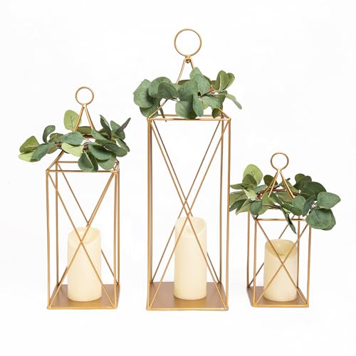 Image of HPC Decor Tall Metal Lantern Decor Set of 3-24 inch 19 inch 13 inch Elegant Decorative Lanterns with Garlands-Modern Gold Candle Lanterns for Garden Porch Decor,Indoor /Outdoor for Wedding Decor,Party,Home Decor.