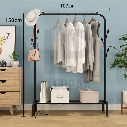 Image of LEOPAX Heavy Duty Metal Coat Garment Rack with 6 Hooks, Top Rod & Lower Storage Shelf, Freestanding Clothes Rail Wardrobe Organizer for Bedroom, Living Room & Entryway, Black, 107 x 40 x 150 cm