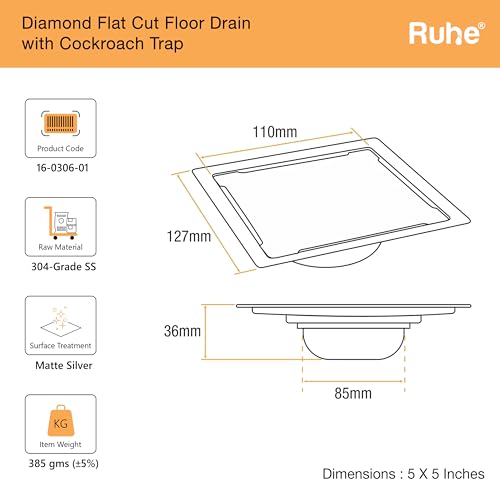 Ruhe® Diamond Exclusive Square Flat Cut Floor Drain | 304 Stainless Steel | 5 x 5 inches | Floor Drain with Cockroach Trap/Jali