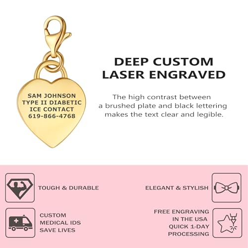 Divoti Adorable Heart Medical Alert Charm Bracelets | Custom Engraved Stainless Steel ID Tag with Lobster Clasp | Stylish & Comfortable Design | Recognized Symbol, Personalized Safety for Women2