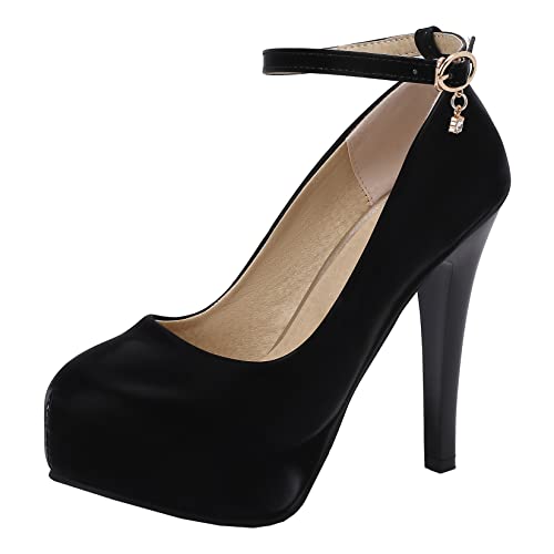 Platform High Heel Ankle Strap Round Toe Stiletto Heels with Buckle Pumps for Women Dress Shoes