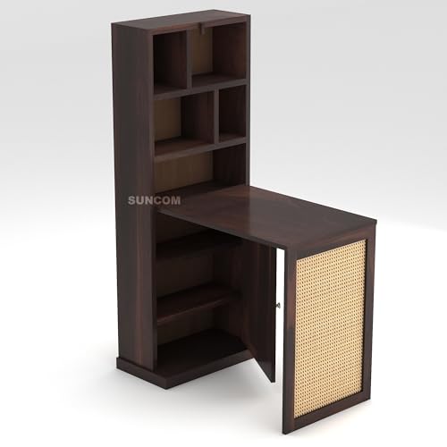 Image of SUNCOM Solid Sheesham Wood Foldable Study Table for Adults - Computer Table for Home - Office Table for Office Work from Home Table with Door Cabinet & Shelf Storage - Rosewood, Natural (Walnut, Cane)