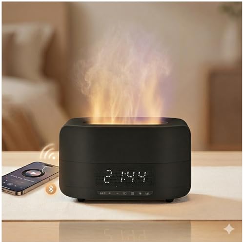 Aroma Essential Oil Diffuser & Humidifier 400mL, 5-in-1 Flame Effect Ultrasonic Diffuser with Bluetooth Speaker, LED Night Light & Clock, Quiet Diffuser for Bedroom Sleep Relaxation(Black)