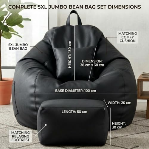 Image of KAM'S LIEU 5XL Luxury Faux Leather Bean Bag with Footrest & Cushion | Pre-Filled High-Density Polystyrene Beans | Premium Leatherette | 6 Months Warranty Color- (Black, Without Footrest)
