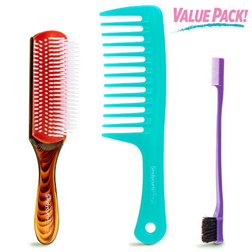 3 Pieces Detangling Brush set with Edge Brush Double Sided, SindycurlsMagic Sturdy Wide Tooth Comb and 9 Row Cushion Nylon Bristle for Afro America Textured Curly Hair Brush