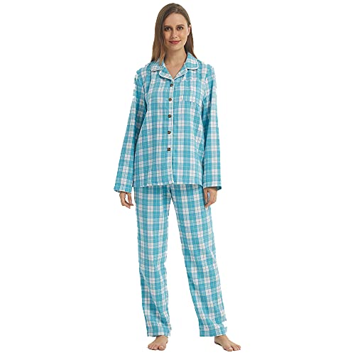 Women Flannel Pajamas Set Long Sleeve Flannel Pajama Top and Bottom Ladies Lightweight Flannel PJs Green