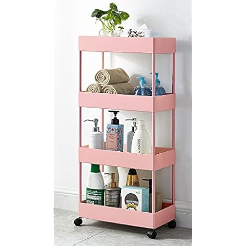 poplarbox 4-Tier Rolling Cart Pink Slim Storage Cart Mobile Shelving Unit Organizer Slide Out Storage Shelves for Kitchen, Bathroom, Office, Pantry (Pink) Cover