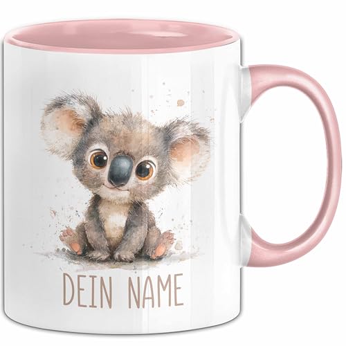 Koala Tasse mit Namen Personalisierte Kaffeebecher Geschenk Tiermotiv süßes Motiv Becher mit Namen (Rosa)