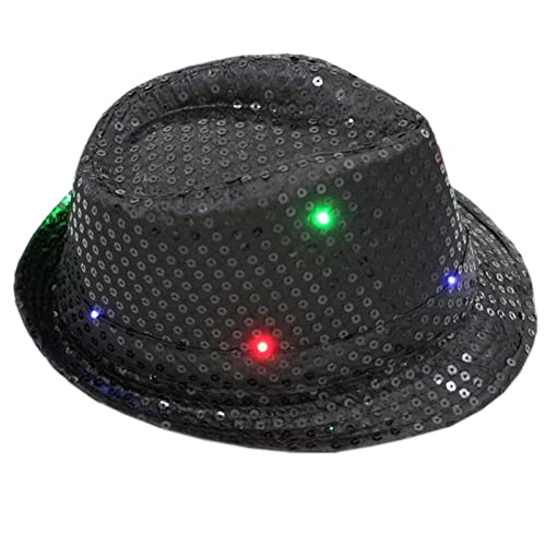 Nucelit Sombreros Fedora brillantes para mujeres y hombres, sombrero con purpurina para fiestas, accesorios para fotos, sombrero con luz LED intermitente para mujer